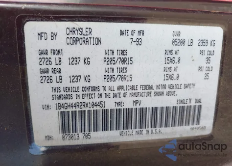 1994 Dodge Grand Caravan Se z USA, uszkodzony, nr VIN 1B4GH44R2RX104451